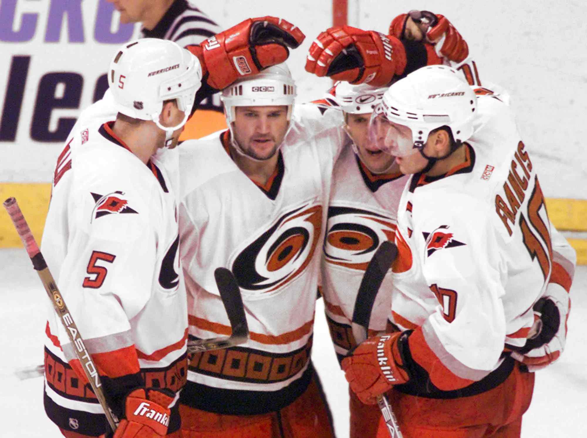 Carolina Hurricanes Stanley Cup winning squad with Marek Malik, Jeff O'Neill, Rod Brind'Amour and Ron Francis.